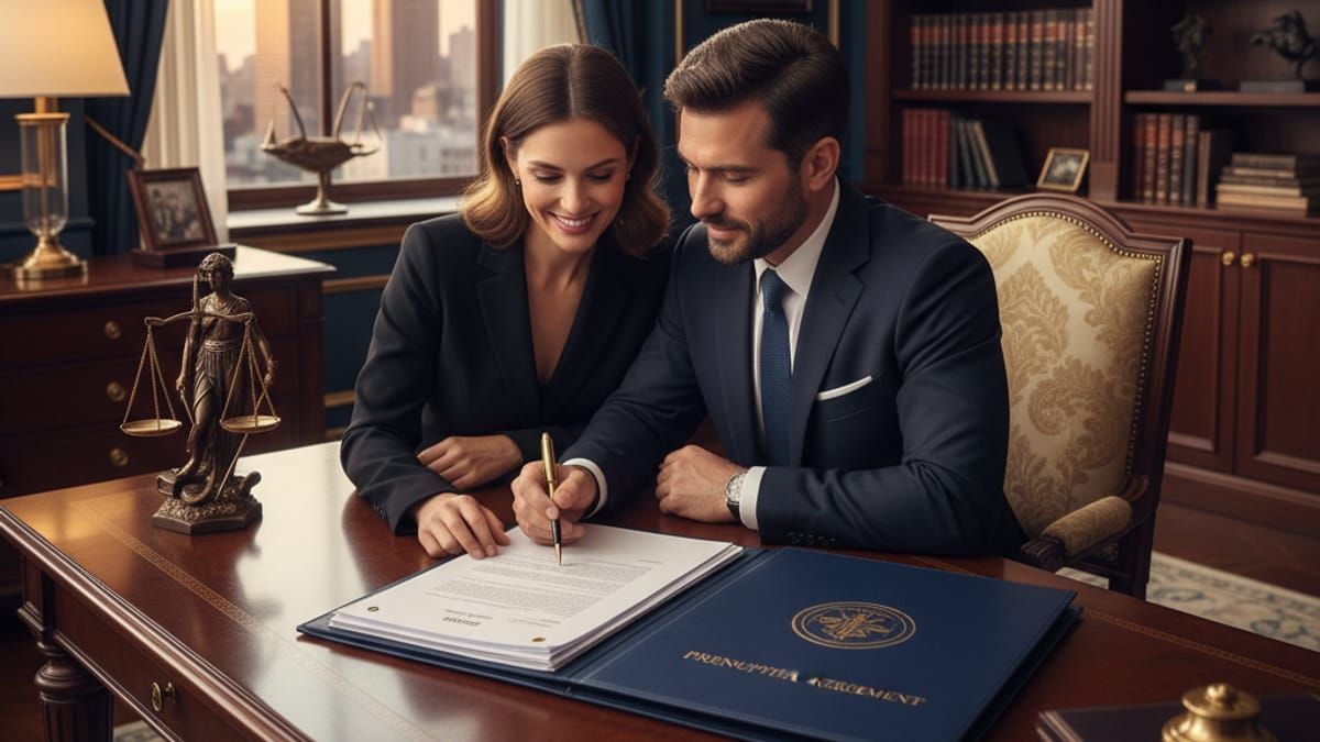 Couple reviewing prenuptial agreement with attorney